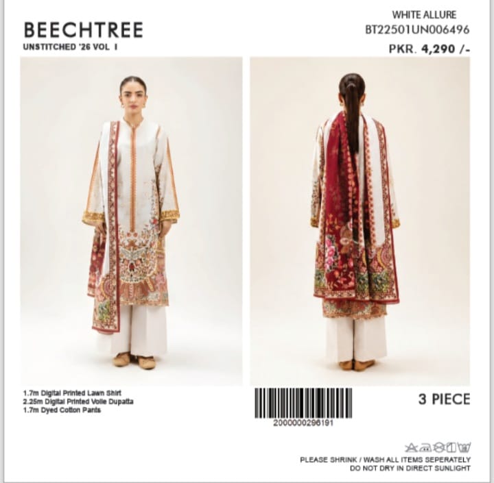 White Allure - Beechtree Unstitched 3-Piece (White & Maroon Floral)