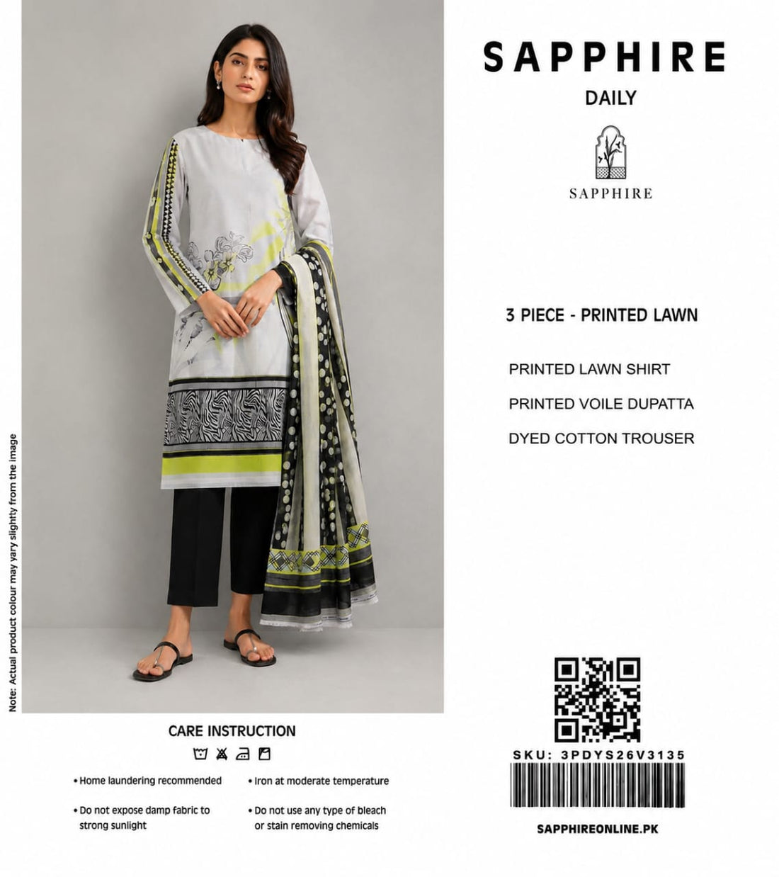 Sapphire Daily Unstitched 3-Piece (Grey & Lime Yellow Printed Lawn)