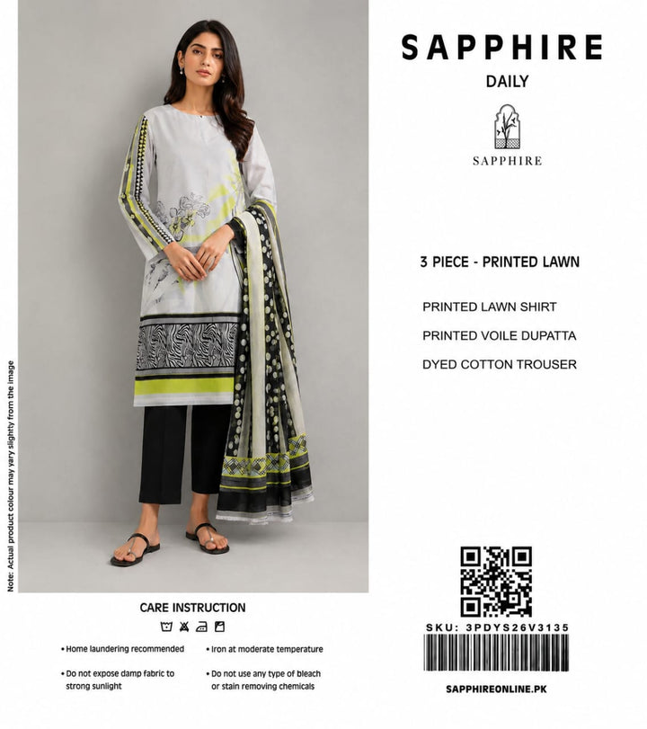 Sapphire Daily Unstitched 3-Piece (Grey & Lime Yellow Printed Lawn)
