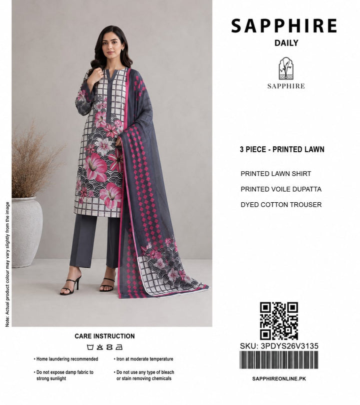Sapphire Daily Unstitched 3-Piece (Grey & Pink Floral Checked Lawn)
