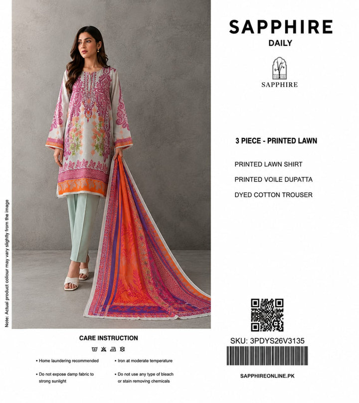 Sapphire Daily Unstitched 3-Piece (Light Grey & Orange Floral Lawn)