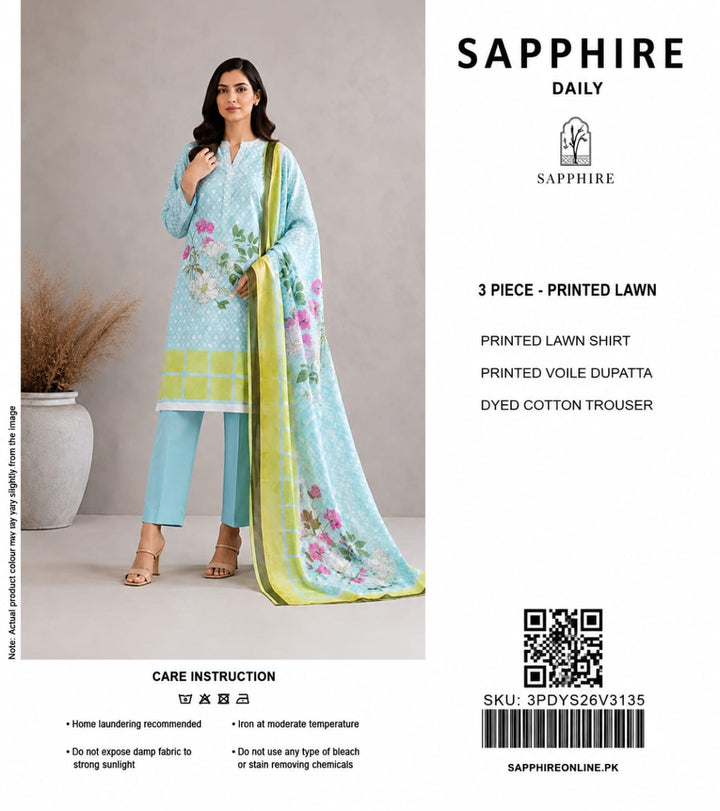 Sapphire Daily Unstitched 3-Piece (Sky Blue & White Floral Lawn)