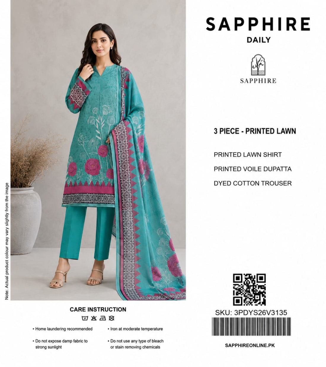 Sapphire Daily Unstitched 3-Piece (Teal & Pink Floral Lawn)